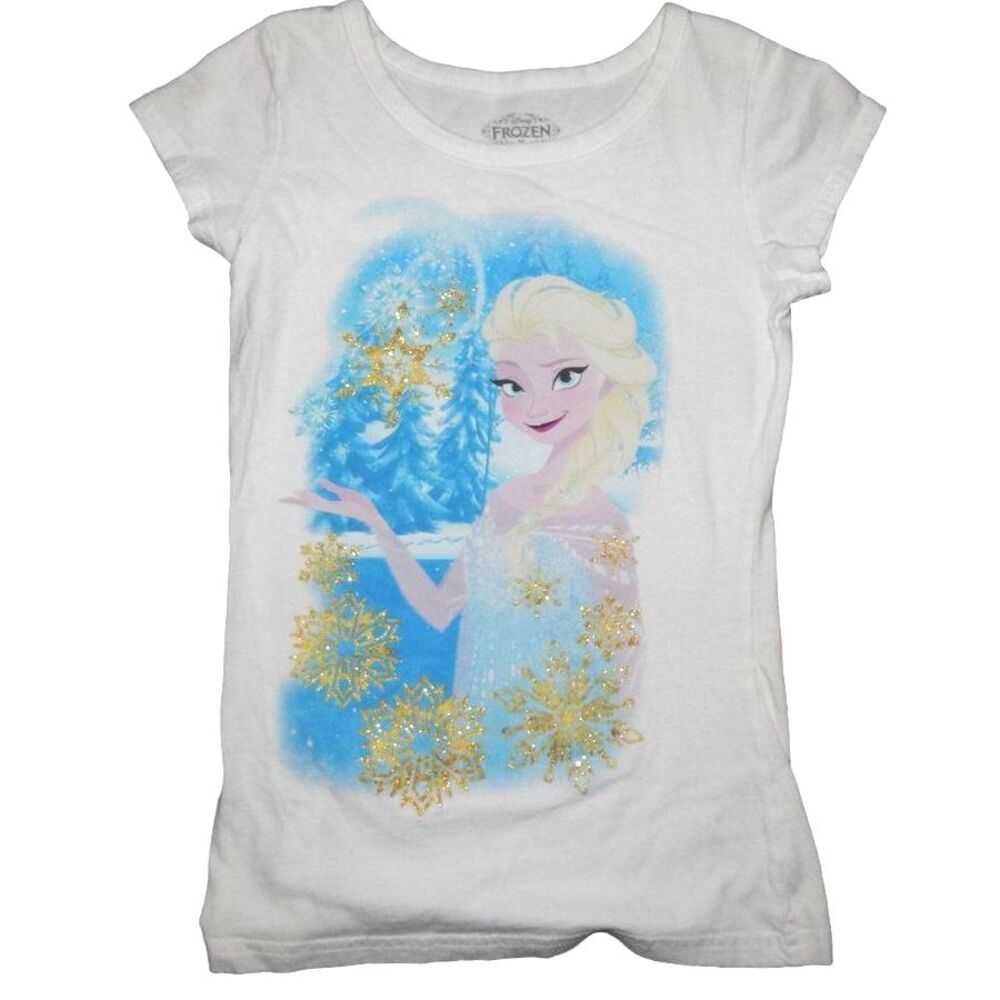 Disney Frozen Girls Medium 7/8 White Cotton Elsa Snowflake Graphic T‑Shirt